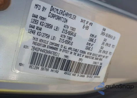 1999 Dodge Grand Caravan Se/Sport из США, поврежденный, VIN 2B4GP44R3XR476511